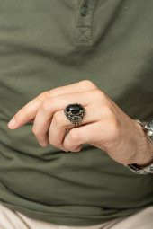 Siyah Oniks Taşlı Kartal Motifli 925 Gümüş Erkek Yüzük thumbnail 5