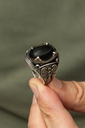 Siyah Oniks Taşlı Kartal Motifli 925 Gümüş Erkek Yüzük thumbnail 7