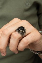 Siyah Oniks Taşlı Kartal Motifli 925 Gümüş Erkek Yüzük thumbnail 8