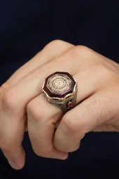 Ayetel Kursi Suresi Hat Yazılı Sıkma Kehribar 925 Gümüş Erkek Yüzük thumbnail 1