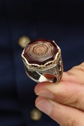 Ayetel Kursi Suresi Hat Yazılı Sıkma Kehribar 925 Gümüş Erkek Yüzük thumbnail 7