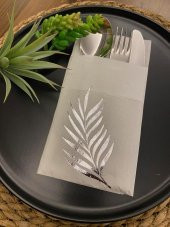 Gümüş Yaldızlı Beyaz Yaprak Cepli Aır Touch Peçete 12 lı 40x40 - 1