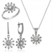 Gümüş Trapez Taşlı  Çiçek Bayan Set SL3476 - 1