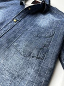 Slim Fit Saf Pamuk Denim Kumaş Kot Gömlek--laci çizki eskitme- thumbnail 2