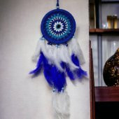 Nazar Boncuğu Desenli Bol Kuş Tüylü Lacivert Dream Catcher El Yapımı Duvar Dekoru - 1