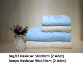 Polo Life 4 Parça Bamboo Hamam Seti, Banyo Havlu Takımı-Krem Turkuaz - 2