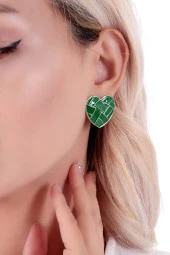 925 Ayar Kadın Gümüş Kalp Yeşil Desenli Seramik Küpe thumbnail 1