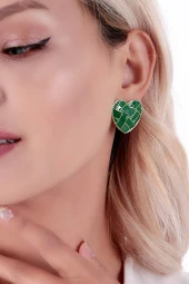 925 Ayar Kadın Gümüş Kalp Yeşil Desenli Seramik Küpe thumbnail 3