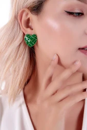 925 Ayar Kadın Gümüş Kalp Yeşil Desenli Seramik Küpe thumbnail 4