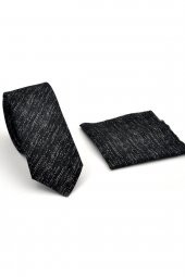 Füme Gri Kırcıl Desenli Siyah Dokuma Kumaş Mendilli Slim Fit Kravat // SDK230918 - 2