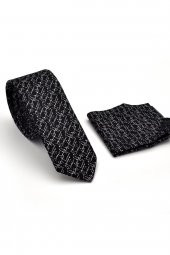 Beyaz Karışık Desenli Siyah Dokuma Kumaş Mendilli Slim Fit Kravat // SDK230901 thumbnail 2
