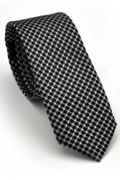 Beyaz Kaz Ayağı Desenli Siyah Dokuma Kumaş Mendilli Slim Fit Kravat // SDK230903 thumbnail 1