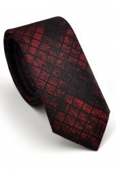 Bordo Siyah Küp Desenli Dokuma Kumaş Mendilli Slim Fit Kravat // SDK230908 thumbnail 1