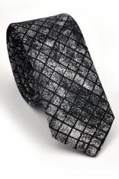 Gri Siyah Küp Desenli Dokuma Kumaş Mendilli Slim Fit Kravat // SDK230910 - 1