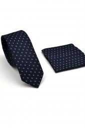 Mavi Desenli Lacivert Dokuma Kumaş Mendilli Slim Fit Kravat // SDK230902 thumbnail 2