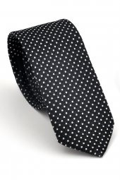 Beyaz Noktalı Puantiye Desenli Siyah Dokuma Kumaş Mendilli Slim Fit Kravat // SDK230913 thumbnail 1