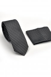 Beyaz Kaz Ayağı Desenli Siyah Dokuma Kumaş Mendilli Slim Fit Kravat // SDK230903 thumbnail 2