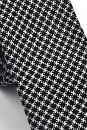 Beyaz Kaz Ayağı Desenli Siyah Dokuma Kumaş Mendilli Slim Fit Kravat // SDK230903 thumbnail 3