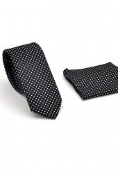 Beyaz Noktalı Puantiye Desenli Siyah Dokuma Kumaş Mendilli Slim Fit Kravat // SDK230913 thumbnail 2