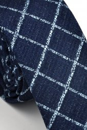 Mavi Kare ve Kırcıllı Desenli Lacivert Dokuma Kumaş Mendilli Slim Fit Kravat // SDK230912 thumbnail 3