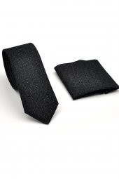 Füme Kırcıl Desenli Siyah Dokuma Kumaş Mendilli Slim Fit Kravat // SDK230916 - 2