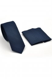 Mavi Noktalı Puantiye Desenli Lacivert Dokuma Kumaş Mendilli Slim Fit Kravat // SDK230915 thumbnail 2