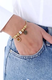 Kadın Taşlı Hayat Ağacı Çelik Bileklik Altın Kaplama Gold thumbnail 4