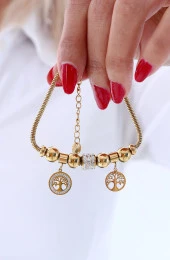 Kadın Taşlı Hayat Ağacı Çelik Bileklik Altın Kaplama Gold thumbnail 5