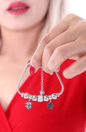 Kadın Taşlı Yoncalı Çelik Bileklik Altın Kaplama Gümüş Renk thumbnail 7