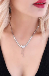 Kadın Ezme Kelebekli Altın Kaplama Çelik Kolye Gümüş Renk thumbnail 2