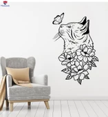 Oturma Odası, Yatak Odası Duvar Sticker Soyut Kedi Kafası Çiçekler Kelebek Dekor Çıkartmaları thumbnail 1