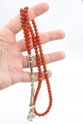 Gümüş Kaplama Püsküllü Küre Kesim 99 luk Kırmızı Akik Tesbih thumbnail 4