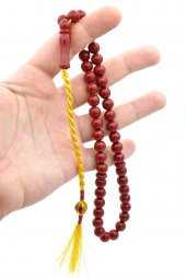 Usta İşi Sistemli Küre Kesim 45 lik Koyu Kırmızı Sıkma Kehribar Tesbih thumbnail 4