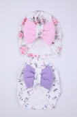 Babyhola Kurdeleli Desenli Bebek Bone Şapka Bere 2'li Set 0-6 ay Hediyelik 1758 - 1