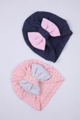 Babyhola Kurdeleli Desenli Bebek Bone Şapka Bere 2'li Set 0-6 ay Hediyelik 1758 - 5