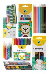 Öğrenci Okul Boyama Seti 4 lü Adel 12 Renk Pastel Boya Kuru Boya Sulu Boya Keçeli Kalem 12 li Boya Set Kreş Seti - 1