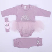 Kız Bebek Mor Girl Power Yazılı Tütülü 3'lü Takım - 1