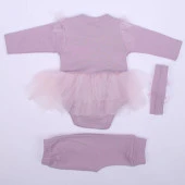 Kız Bebek Mor Girl Power Yazılı Tütülü 3'lü Takım - 3
