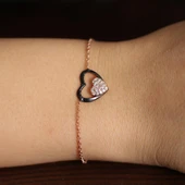 925 Ayar Gümüş Kalp Anahtar Modeli Zincir Bileklik, Pembe Siyah - Beyaz Taş thumbnail 1