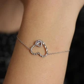 925 Ayar Gümüş Kalemli İki Kalp Modeli Zincir Bileklik, Beyaz - Beyaz Taş thumbnail 4