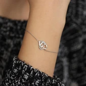 925 Ayar Gümüş Kalemli İki Kalp Modeli Zincir Bileklik, Beyaz thumbnail 4