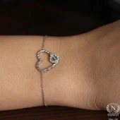 925 Ayar Gümüş Kalemli İki Kalp Modeli Zincir Bileklik, Beyaz - Beyaz Taş thumbnail 1