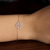 925 Ayar Gümüş Kalemli İki Kalp Modeli Zincir Bileklik, Beyaz thumbnail 1