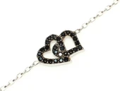 925 Ayar Gümüş Çift Kalp Modeli Zincir Bileklik, Beyaz - Siyah Taş thumbnail 3