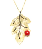 925 Ayar Gümüş Yaprak Kolye, Sarı - Kırmızı Yuvarlak Mercan thumbnail 1