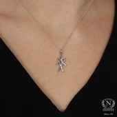 925 Ayar Gümüş Birlikte Atan Kalp Kolye, Beyaz - Beyaz Taş thumbnail 3