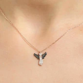 925 Ayar Gümüş Melek Kolye, Pembe Siyah - Beyaz Taş thumbnail 1