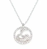 925 Ayar Gümüş Çemberli Vav ve Ay Kolye, Beyaz - Beyaz Taş thumbnail 1