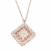 925 Ayar Gümüş Kare Kolye, Pembe - Beyaz Taş thumbnail 2