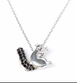 925 Ayar Gümüş Sincap Kolye, Beyaz - Siyah Taş thumbnail 1